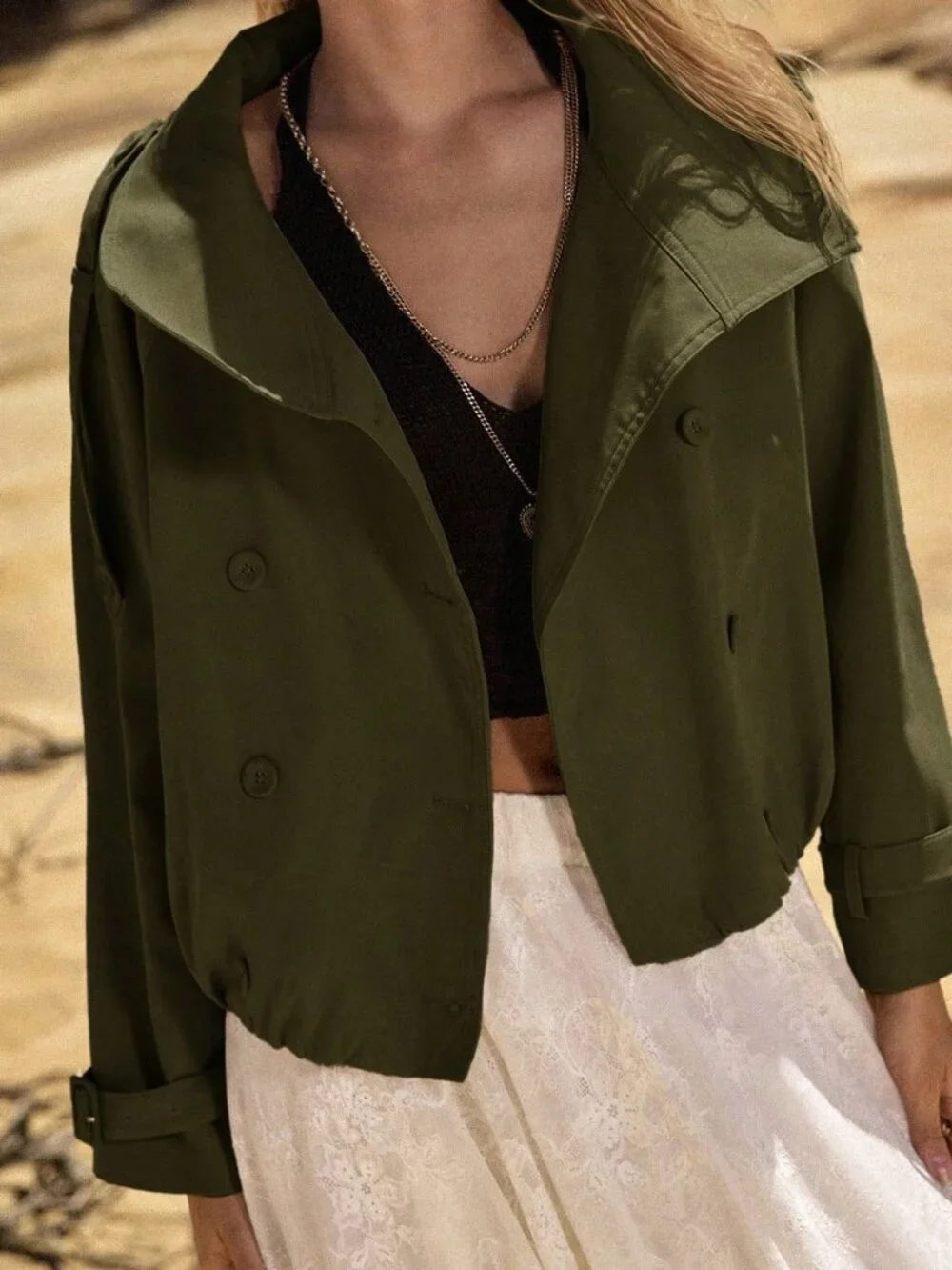 Army Green Casual Women's Double-Breasted Short Trench Coat